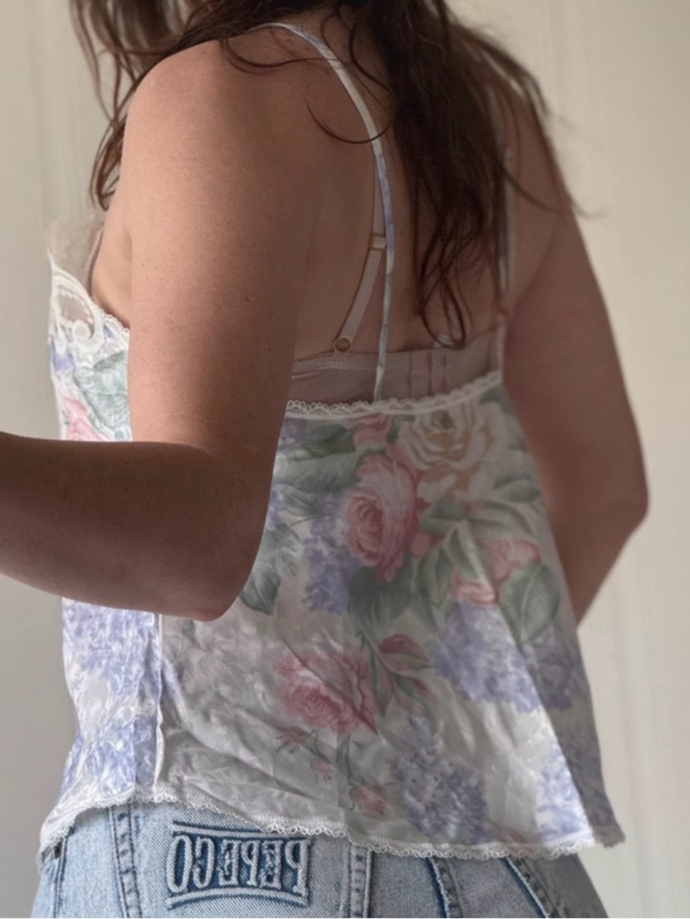 Vintage Lace Trim Floral Satin Camisole in Cream and Pastel Floral Slip Top - Picture 4 of 10